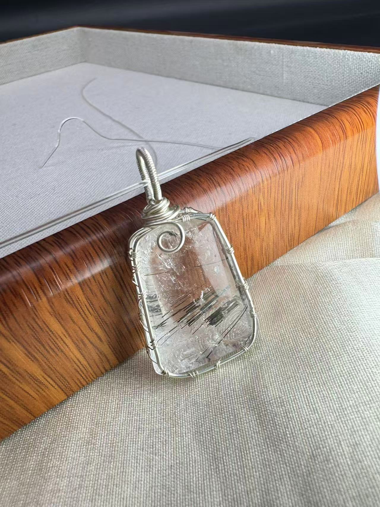 A00016 Natural black green golden rutailed pendant diy wrapped