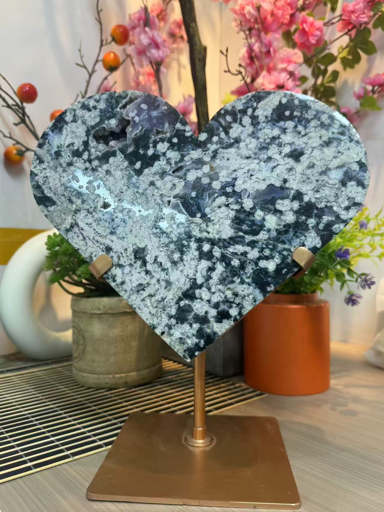 A00034 rare flower purple green moss agate biggest heart