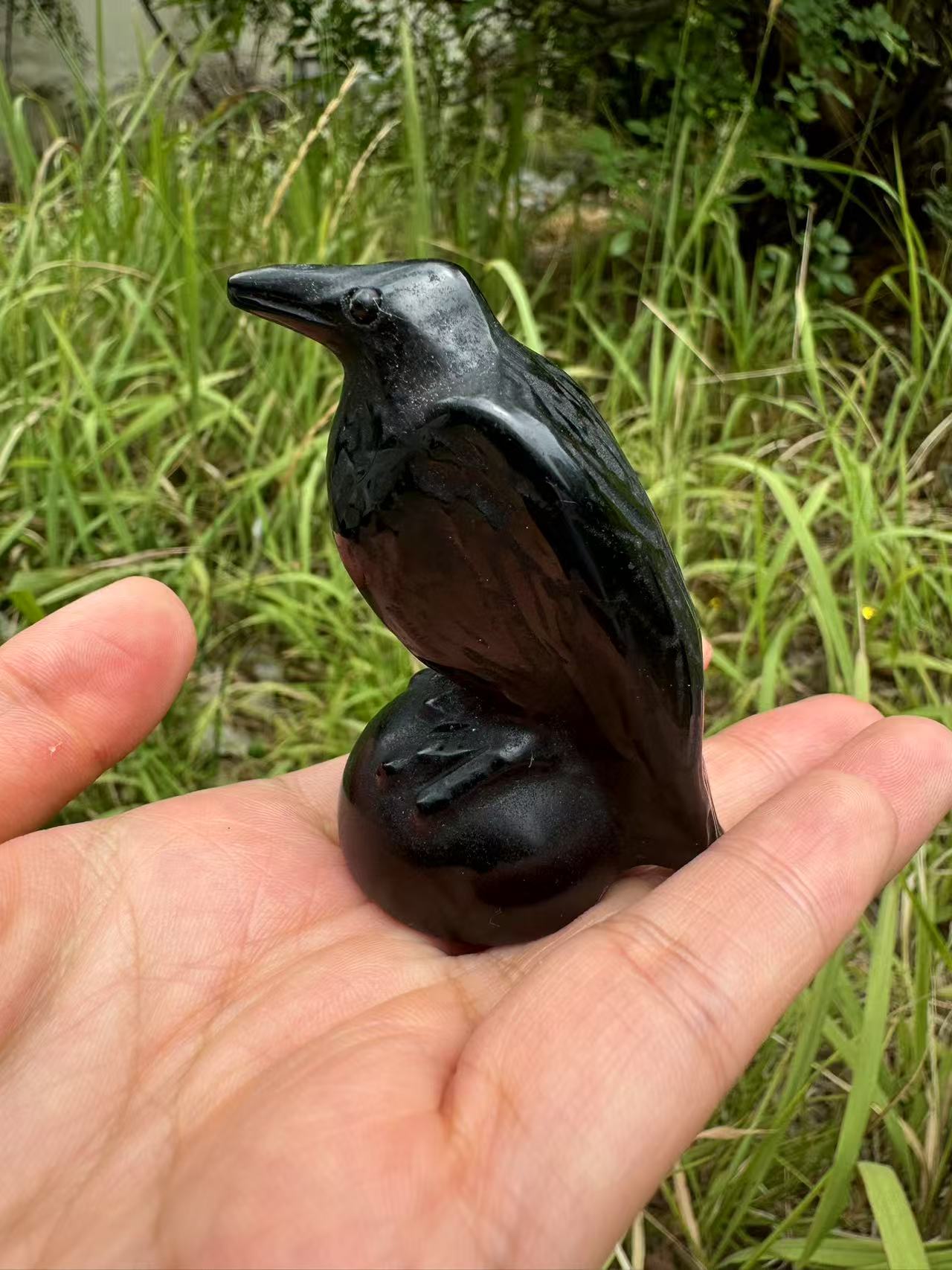 A00120 pretty black obsidian crow bird carving (2size)
