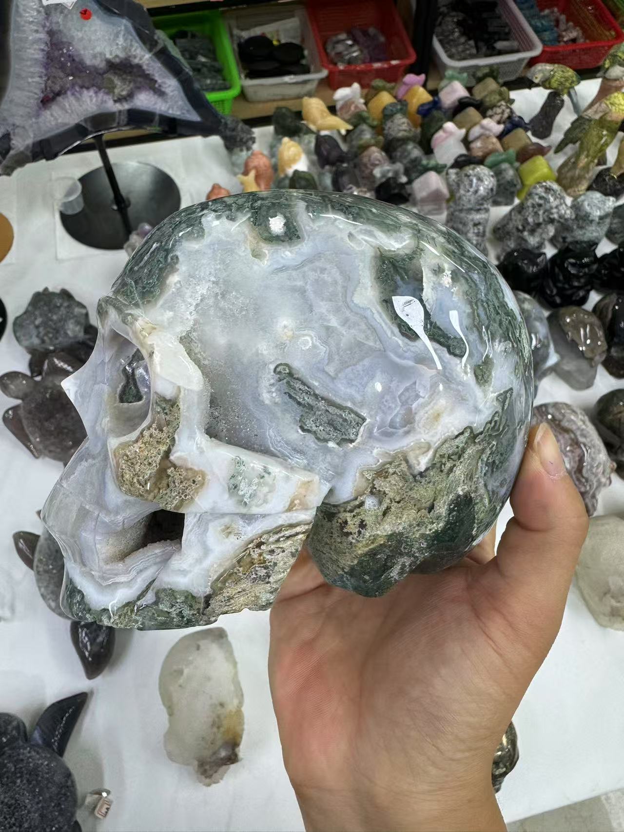 A00139 beautiful druzy moss agate skull