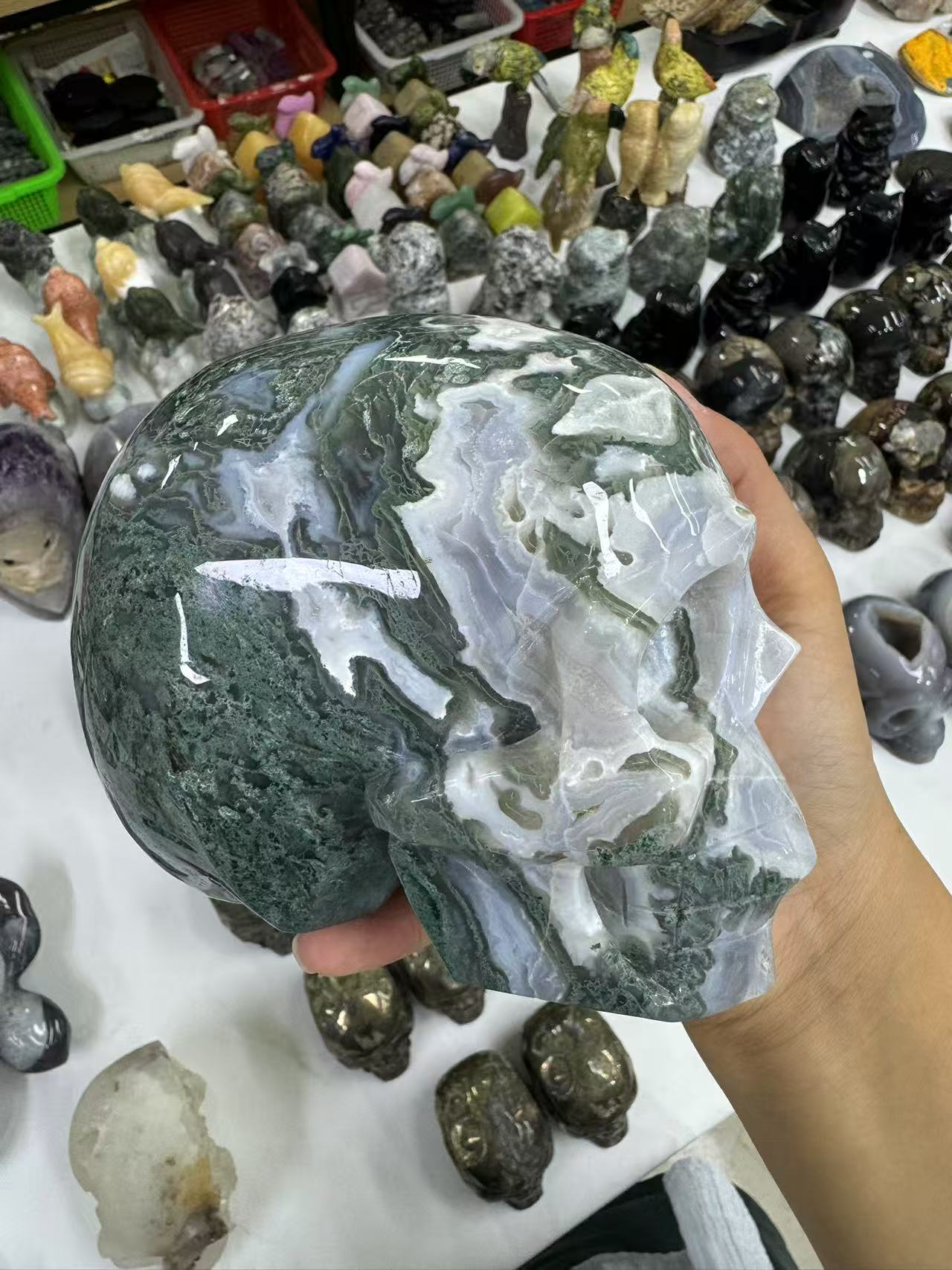 A00139 beautiful druzy moss agate skull