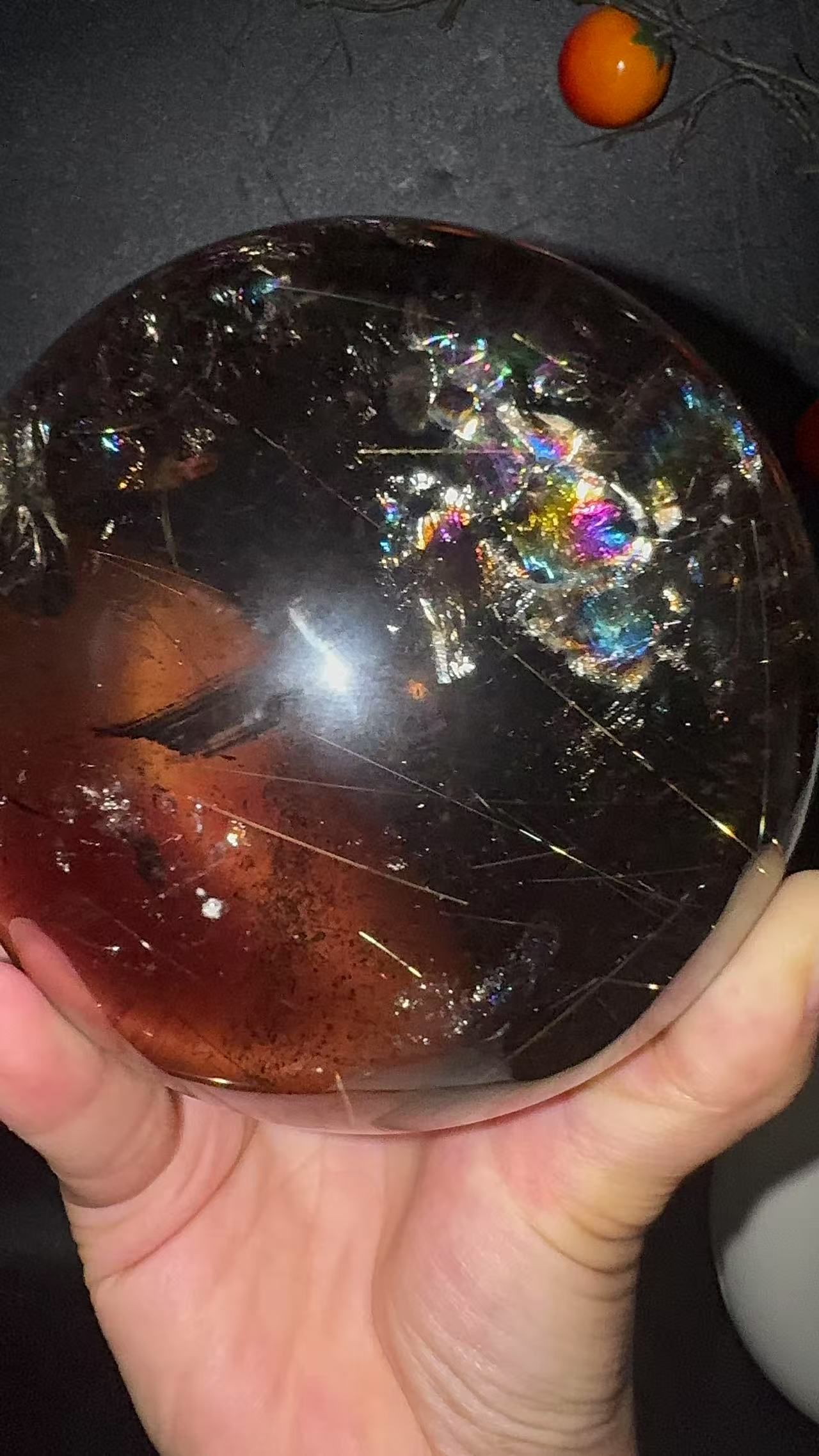 A00180 Rare natural highest dark smoky quartz with golden rutailated inside amazing rainbow