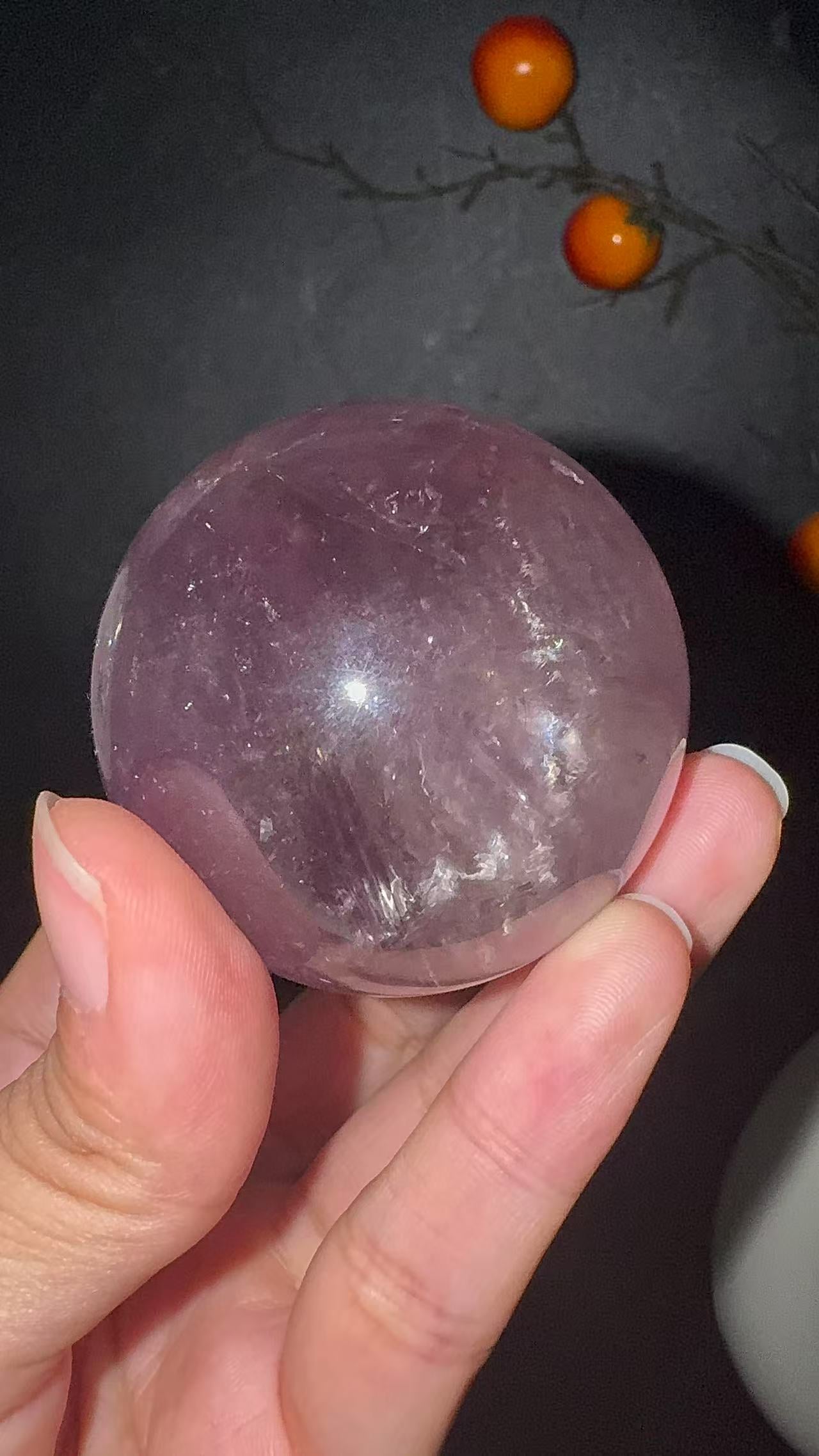 A00184 Rare natural lavendar purple amethyst sphere with rainbow and water route