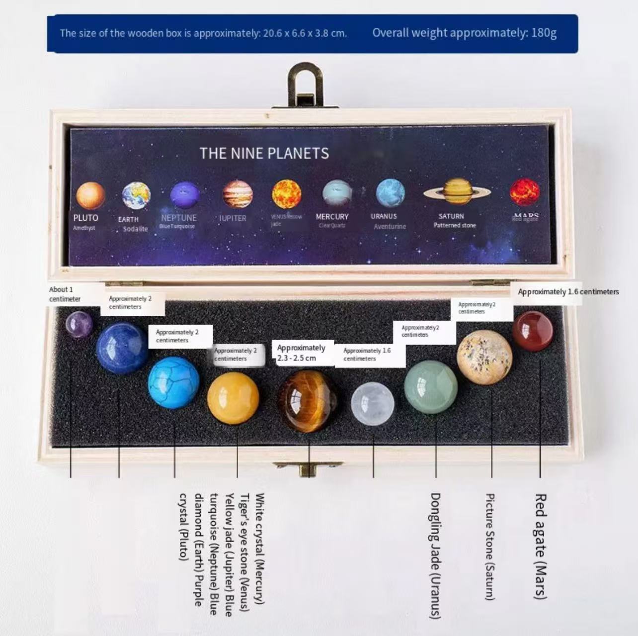 A00195 Natural Crystal sphere Nine Planets Wooden Box Set Crystal Mineral Specimens Solar System Planet Box Set