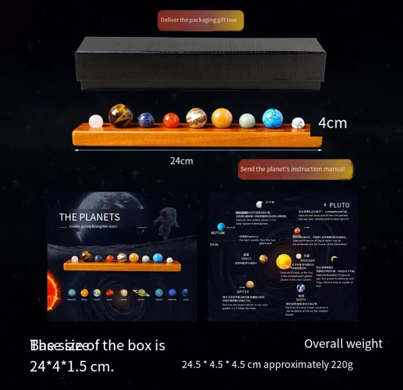 A00195 Natural Crystal sphere Nine Planets Wooden Box Set Crystal Mineral Specimens Solar System Planet Box Set
