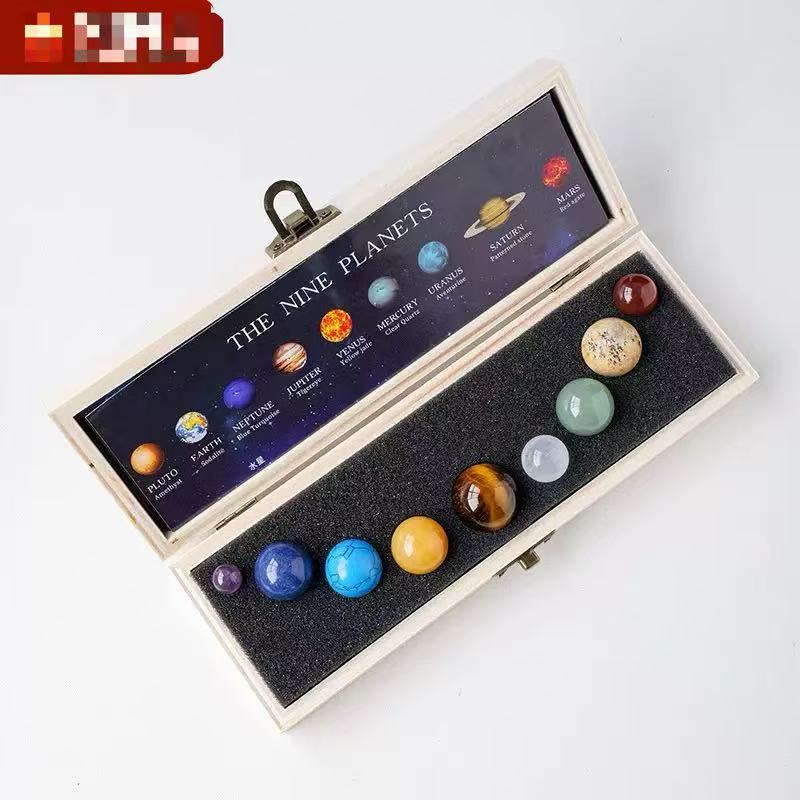 A00195 Natural Crystal sphere Nine Planets Wooden Box Set Crystal Mineral Specimens Solar System Planet Box Set