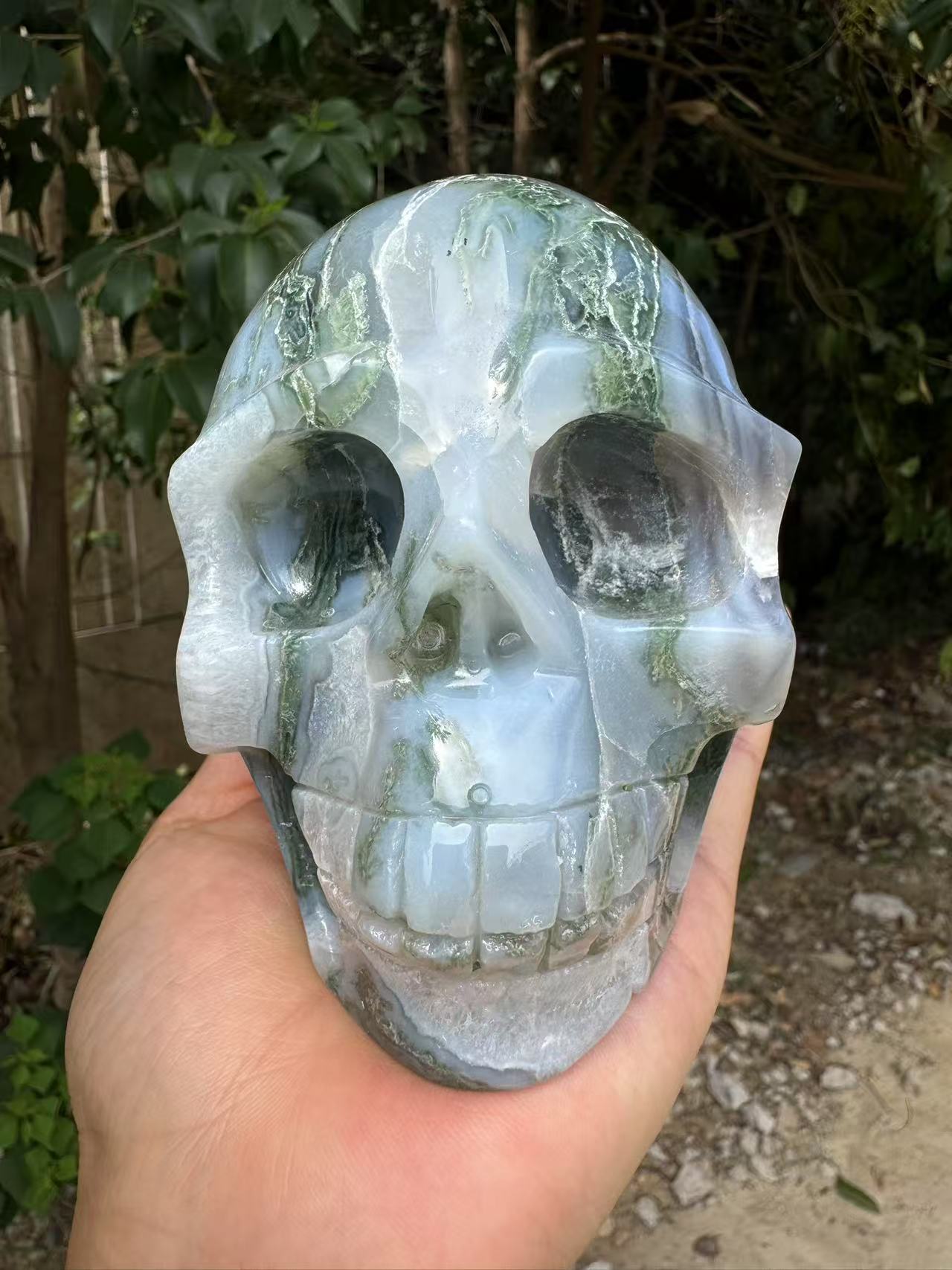 A00197 beautiful druzy green blue moss agate skull xxl size