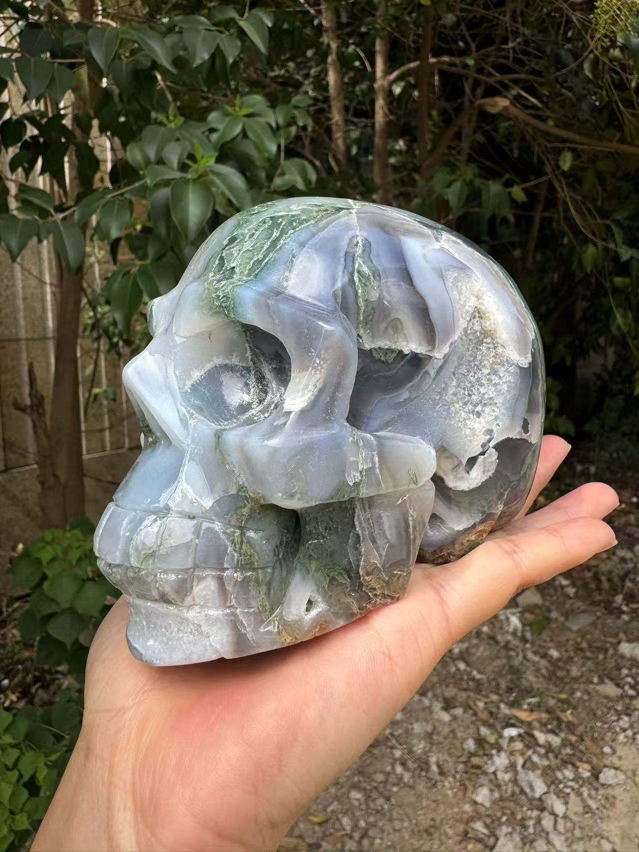 A00197 beautiful druzy green blue moss agate skull xxl size