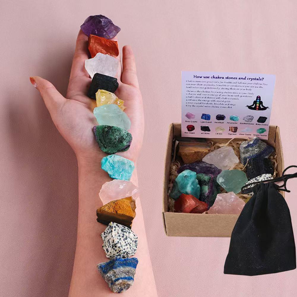A00211 Rare natural highest quality natural seven(12 pcs) chakra color raw stone aromatherapy stone diffusion stone set gift box