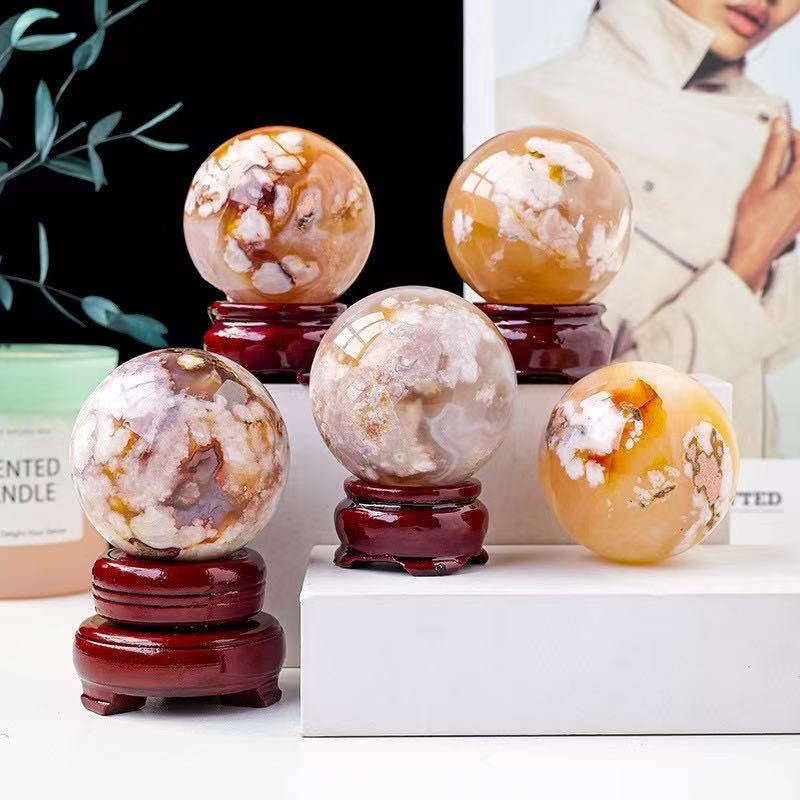 A00217 Rare natural highest quality around 6cm pink flower agate sphere