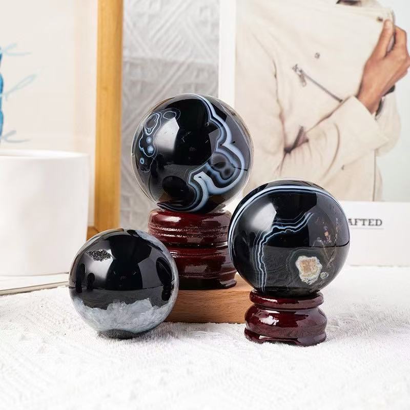 A00219 Rare natural highest quality around 6cm black lace onyx agate sphere