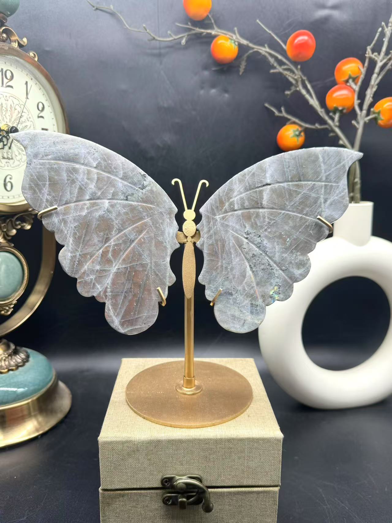 A00224 Rare natural highest quality strong purple sun flash labradorite butterfly wings with custom-made gold matal holder