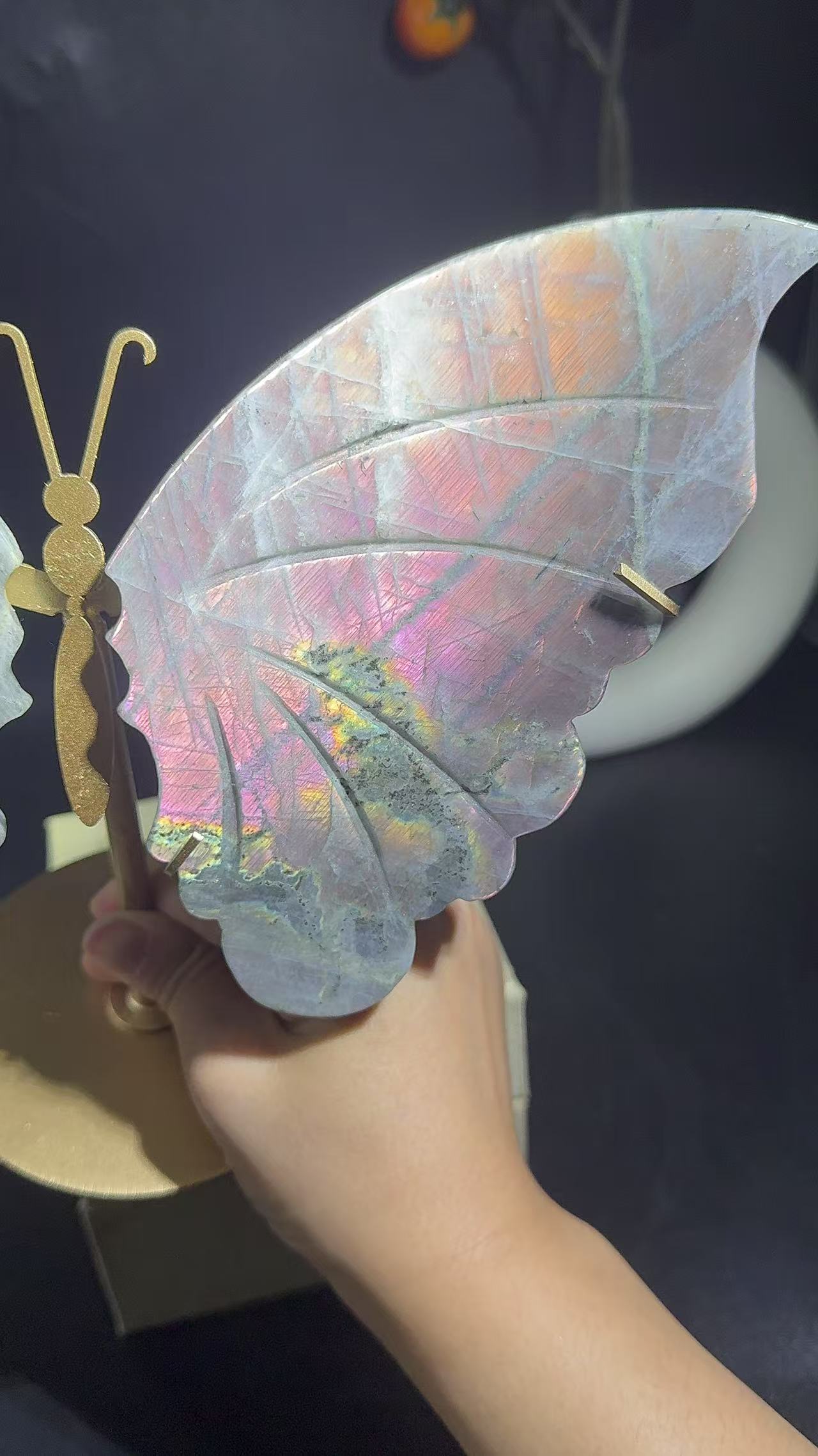 A00224 Rare natural highest quality strong purple sun flash labradorite butterfly wings with custom-made gold matal holder