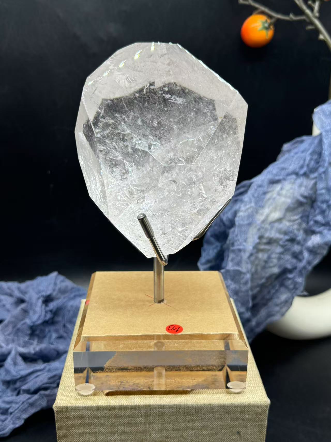 A00234 Rare natural highest quality golden and white rutilated quartz freeform with acrylic holder