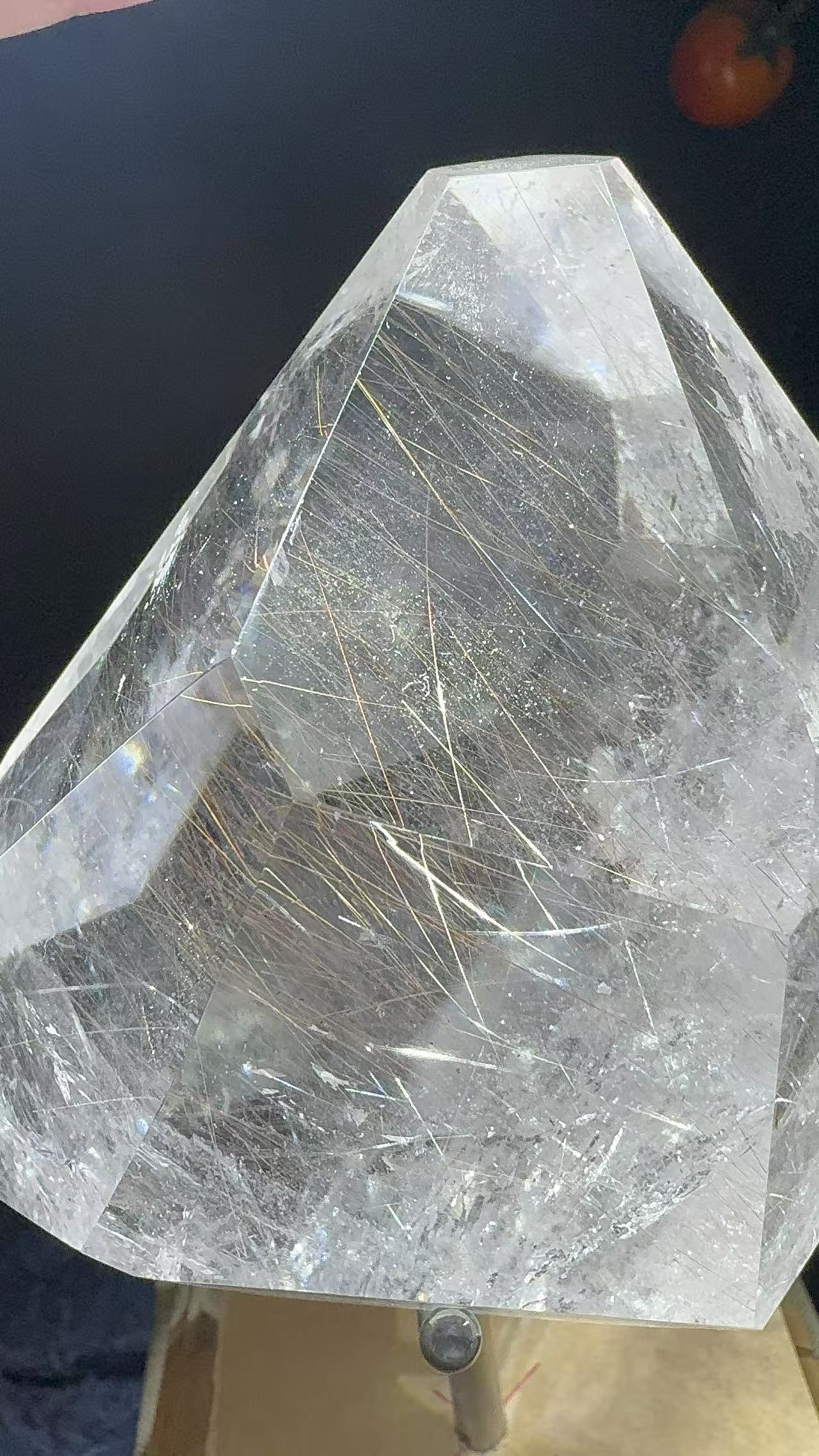 A00234 Rare natural highest quality golden and white rutilated quartz freeform with acrylic holder