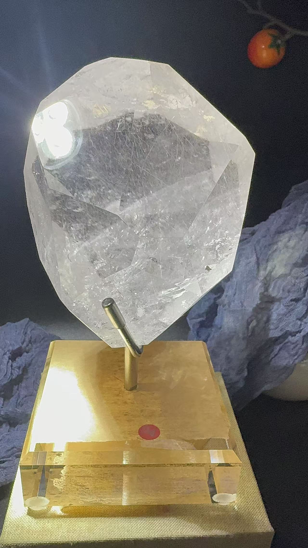 A00234 Rare natural highest quality golden and white rutilated quartz freeform with acrylic holder