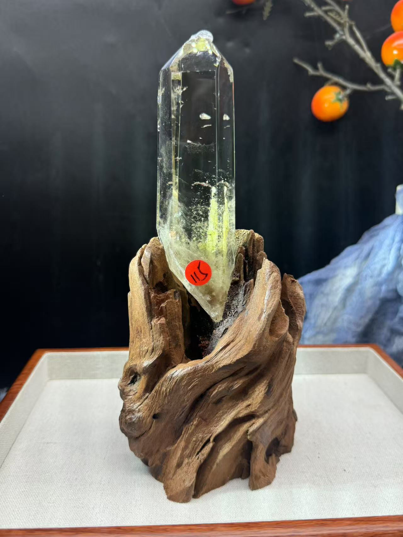 A00241 Rare natural highest quality blue needle transparent cirtrin quartz tower with green tourmaline