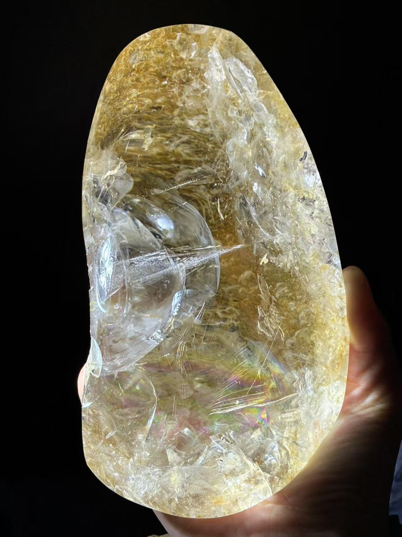 A00253 Rare natural super highest quality golden healer twins shell inside amazing rainbow freeform with led wooden holder
