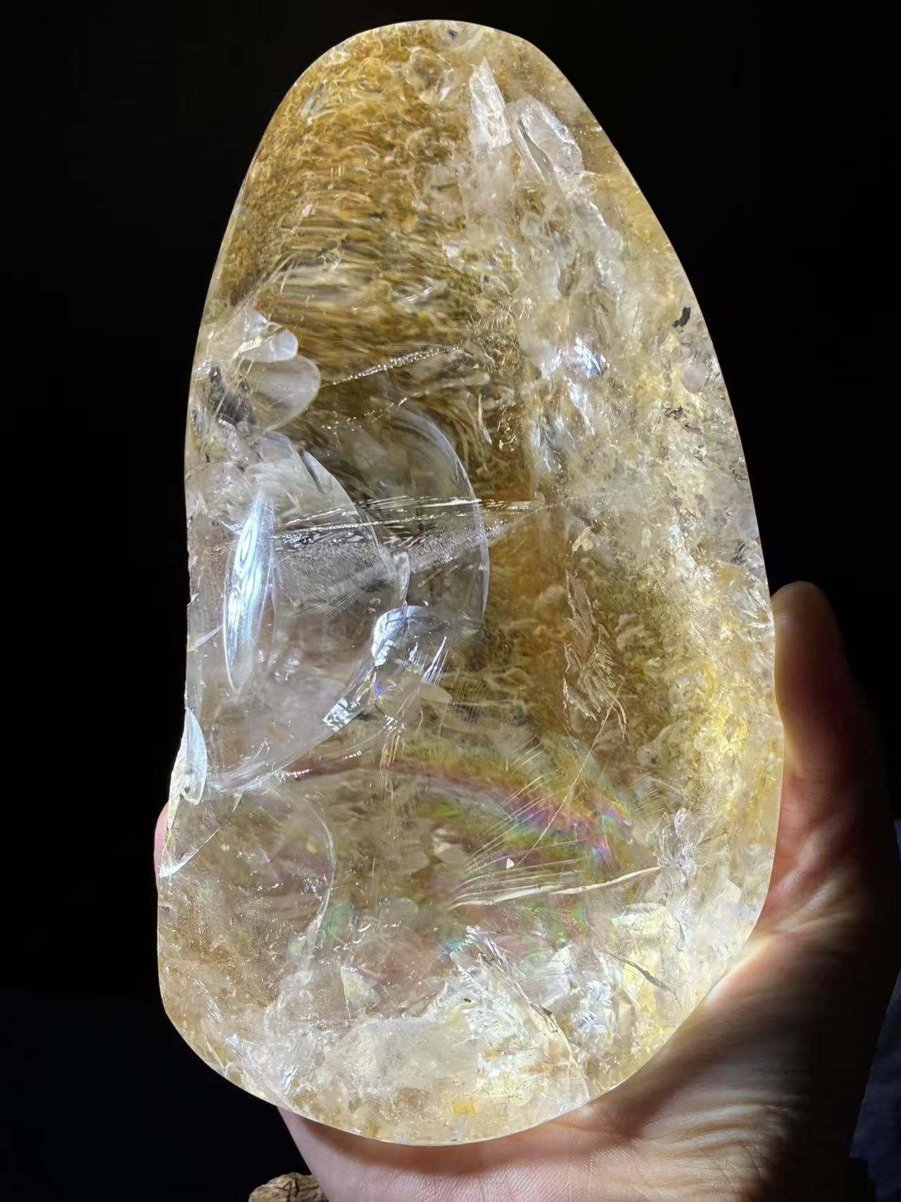 A00253 Rare natural super highest quality golden healer twins shell inside amazing rainbow freeform with led wooden holder