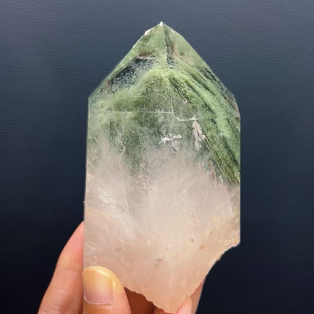 5A500G Unique Subtle Hidden Mountain Green Quartz Wand Accented with Red Phantom