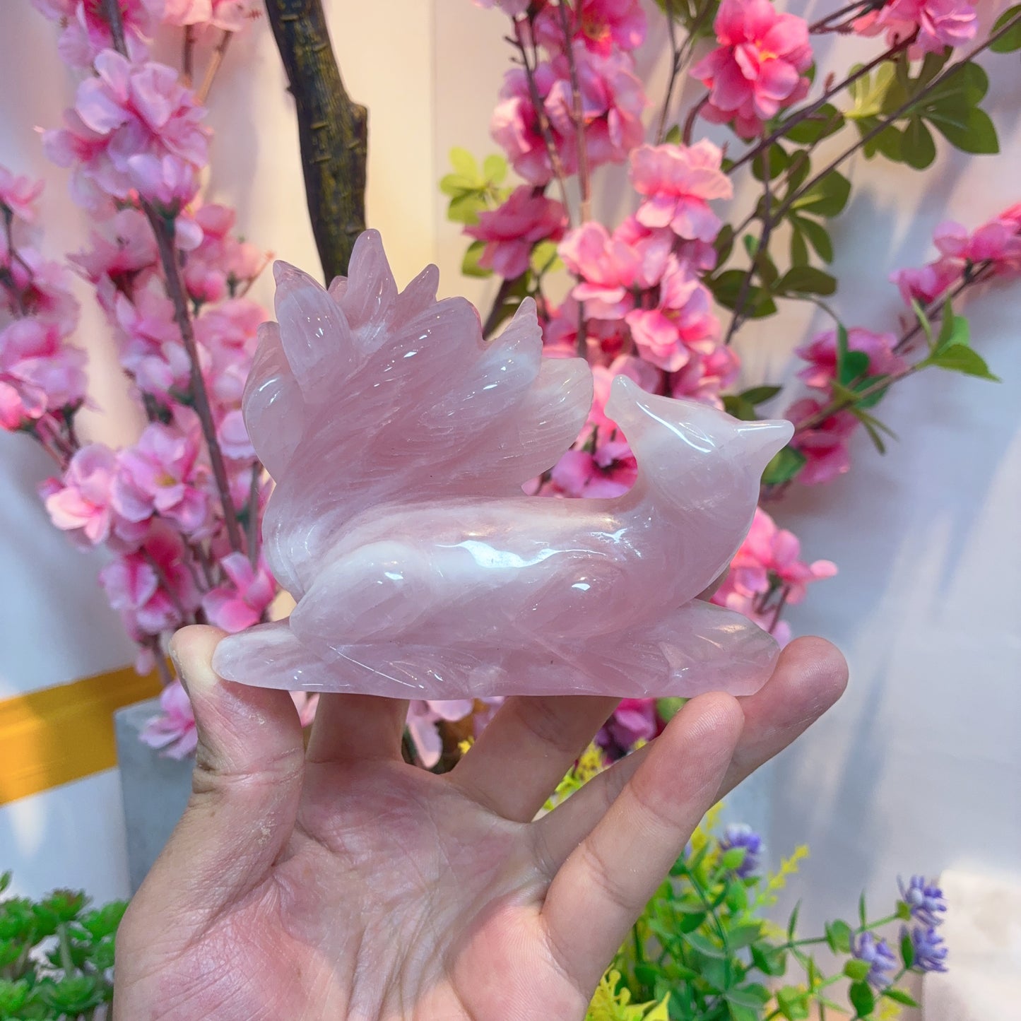 A00001 high quality rose quartz nine tail fox caving.