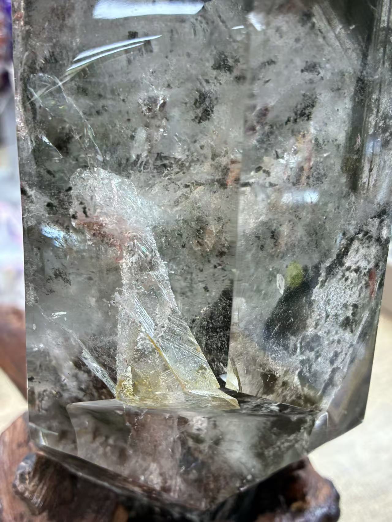 5A1790G Natural brazil  Green garden Phantom( Quartz in quartz) freeform with custom wooden holder