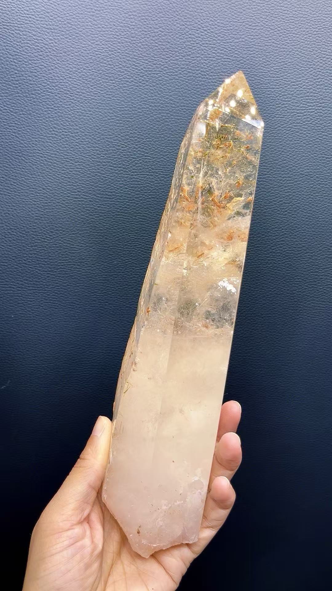 5A 1820G   Unique Pattern Green Tourmaline Red Bloom Quartz Wand Ornament