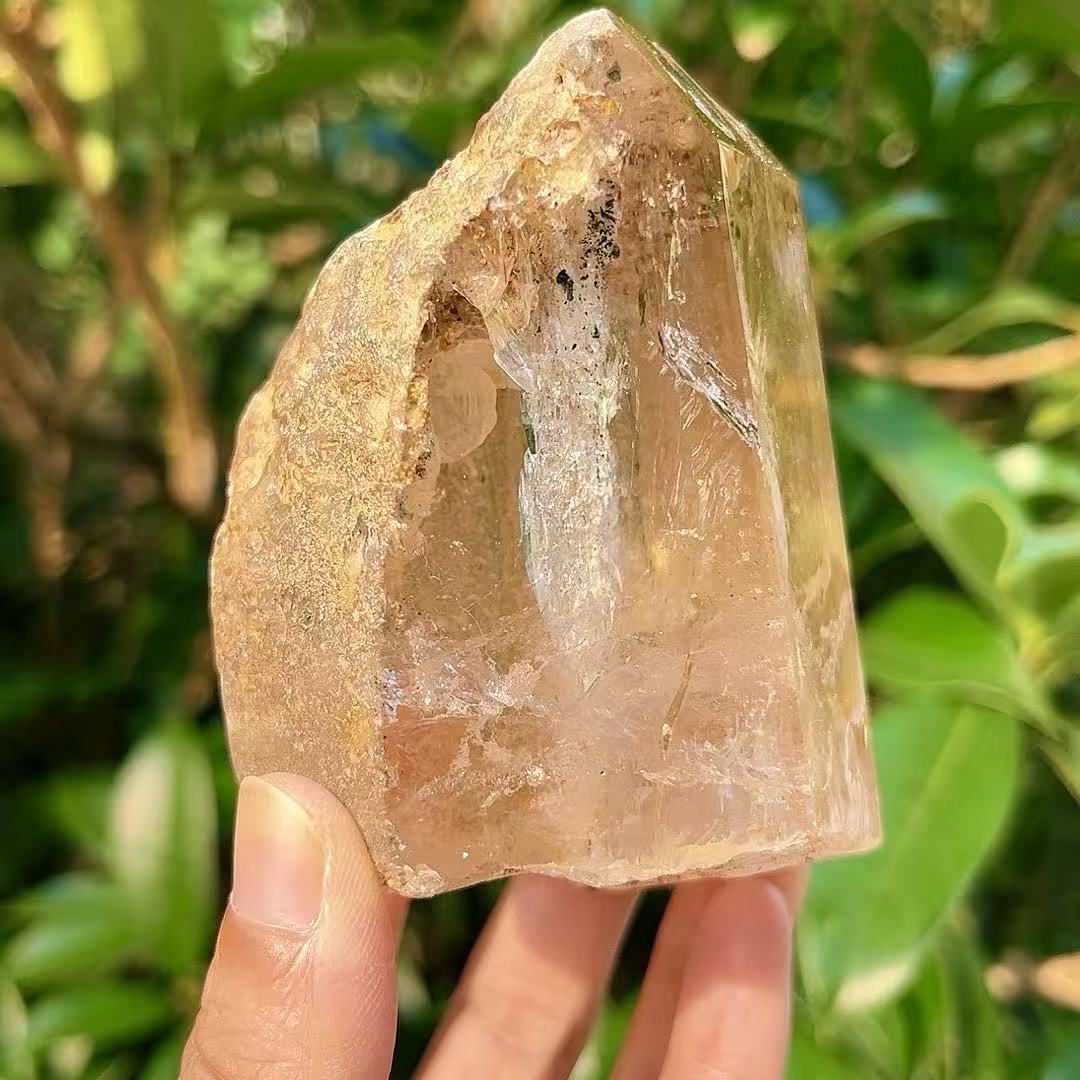 5A 610G  Clear Quartz Point with Golden Yellow Flower & Mountain-in-Mountain Inclusion