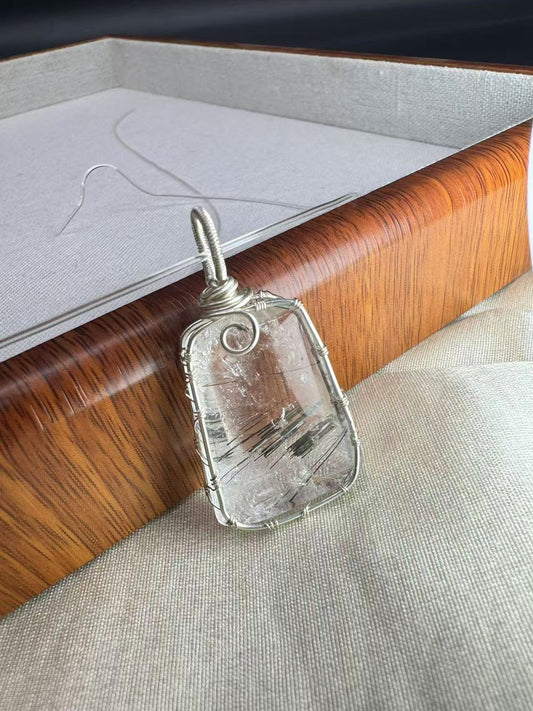 A00016 Natural black green golden rutailed pendant diy wrapped