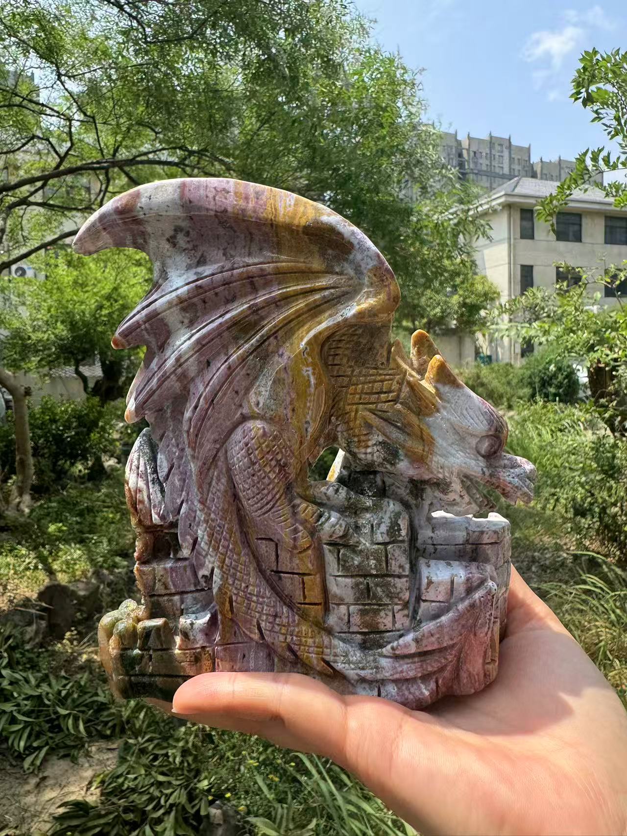 A00031 AAA PINK 8th OCEAN JASPER dragon castle carving