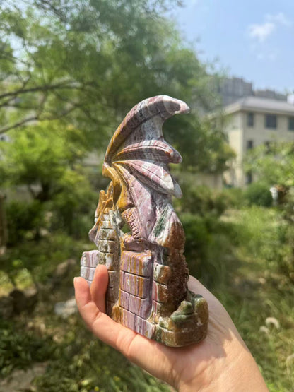 A00031 AAA PINK 8th OCEAN JASPER dragon castle carving