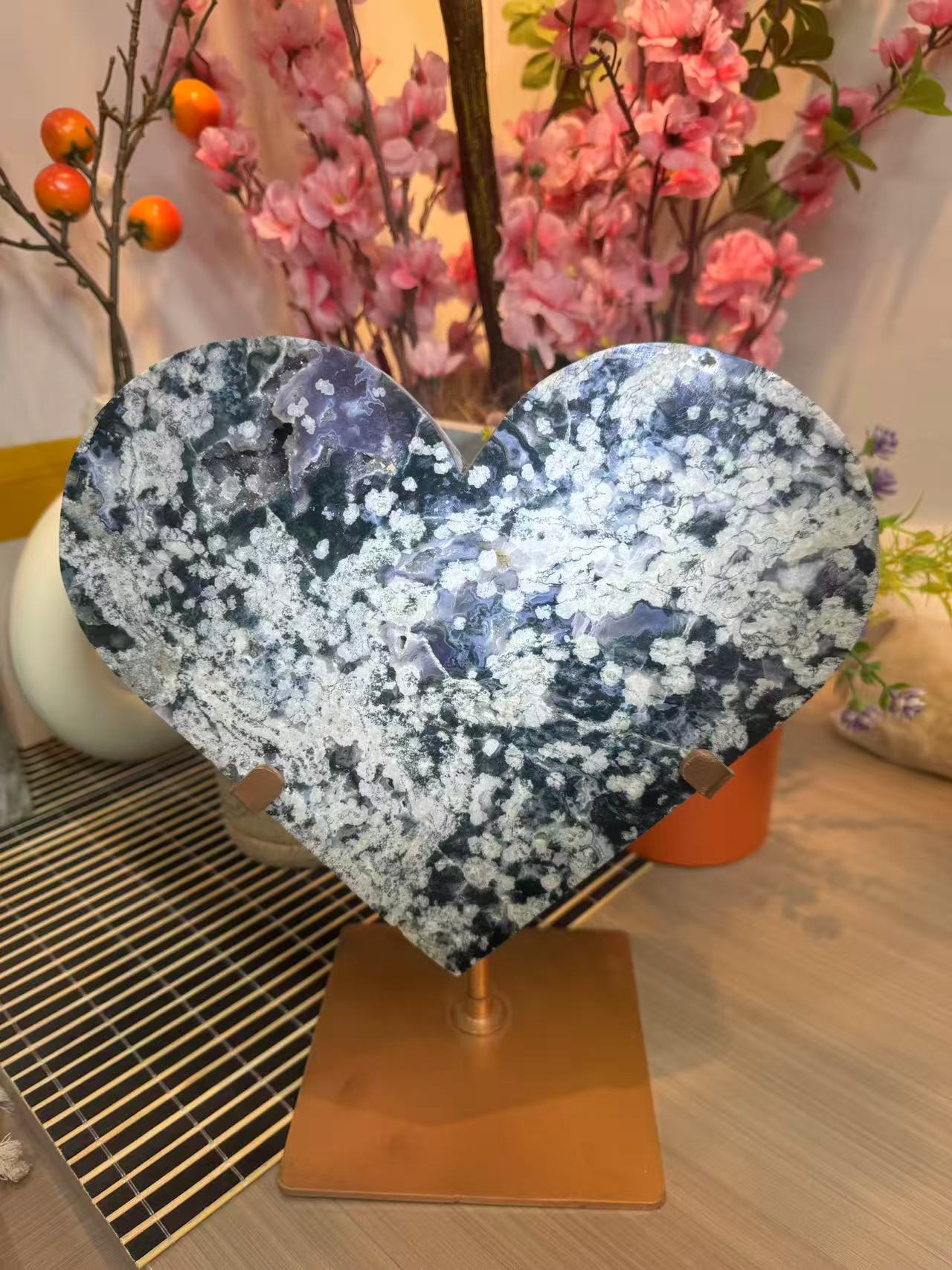 A00034 rare flower purple green moss agate biggest heart