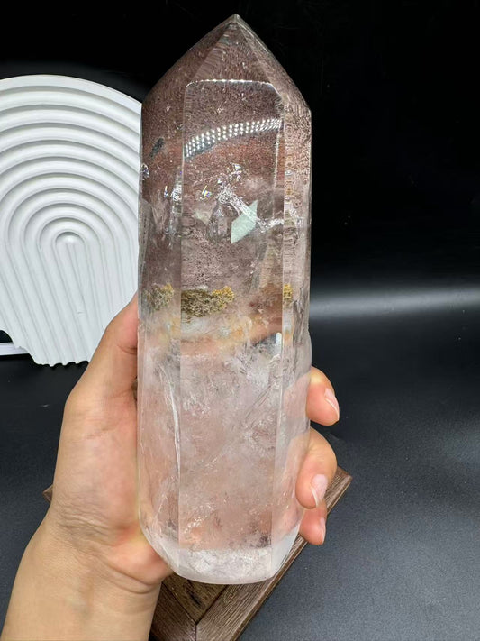A00044 gorgeous cinnabar mixed calcite and specimen clear quartz tower
