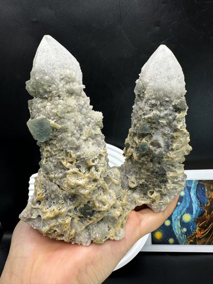 A00094 rare natural candle quartz mix green fluorite mineral specimen