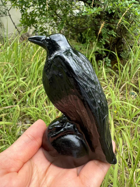 A00120 pretty black obsidian crow bird carving (2size）
