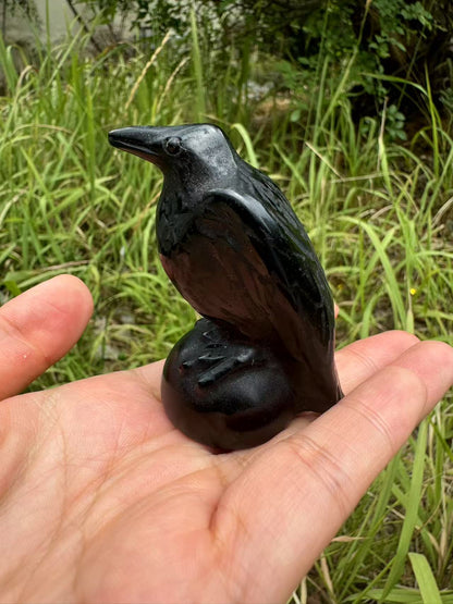 A00120 pretty black obsidian crow bird carving (2size）