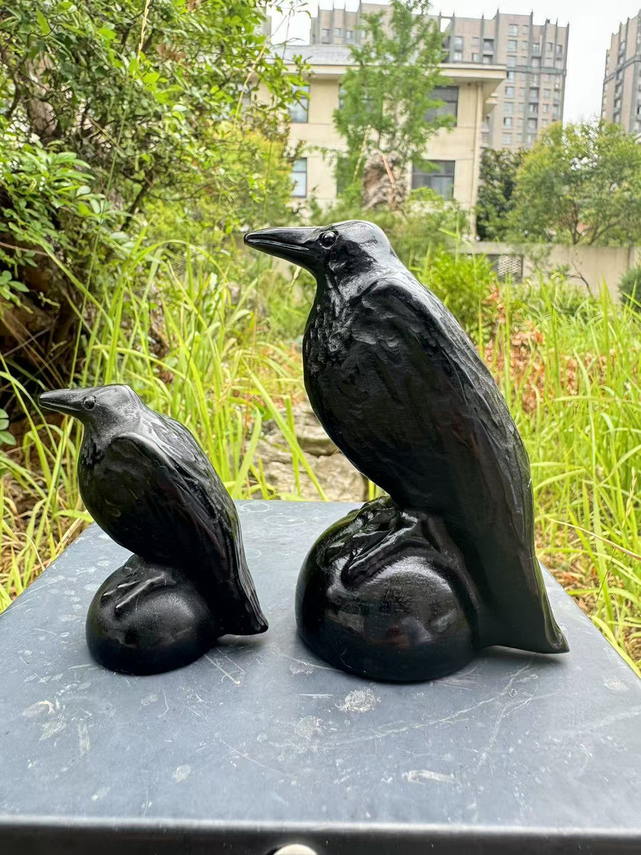 A00120 pretty black obsidian crow bird carving (2size）