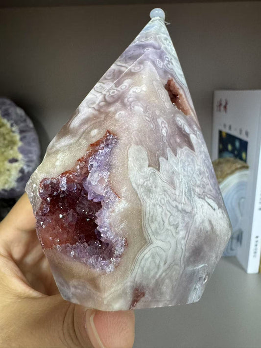 A00134 rare beautiful high quality two color druzy  pink amethyst cone shape