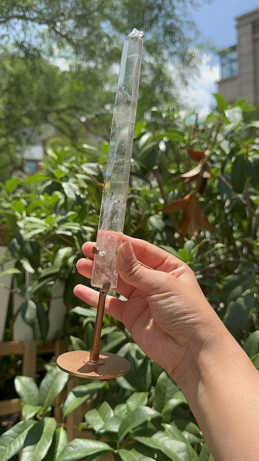 A00159 very rare long and slim clear quartz tower with rose golden custom made holder