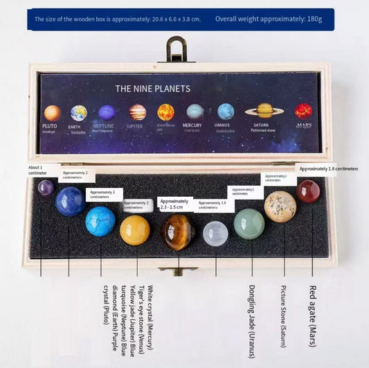 A00195 Natural Crystal sphere Nine Planets Wooden Box Set Crystal Mineral Specimens Solar System Planet Box Set