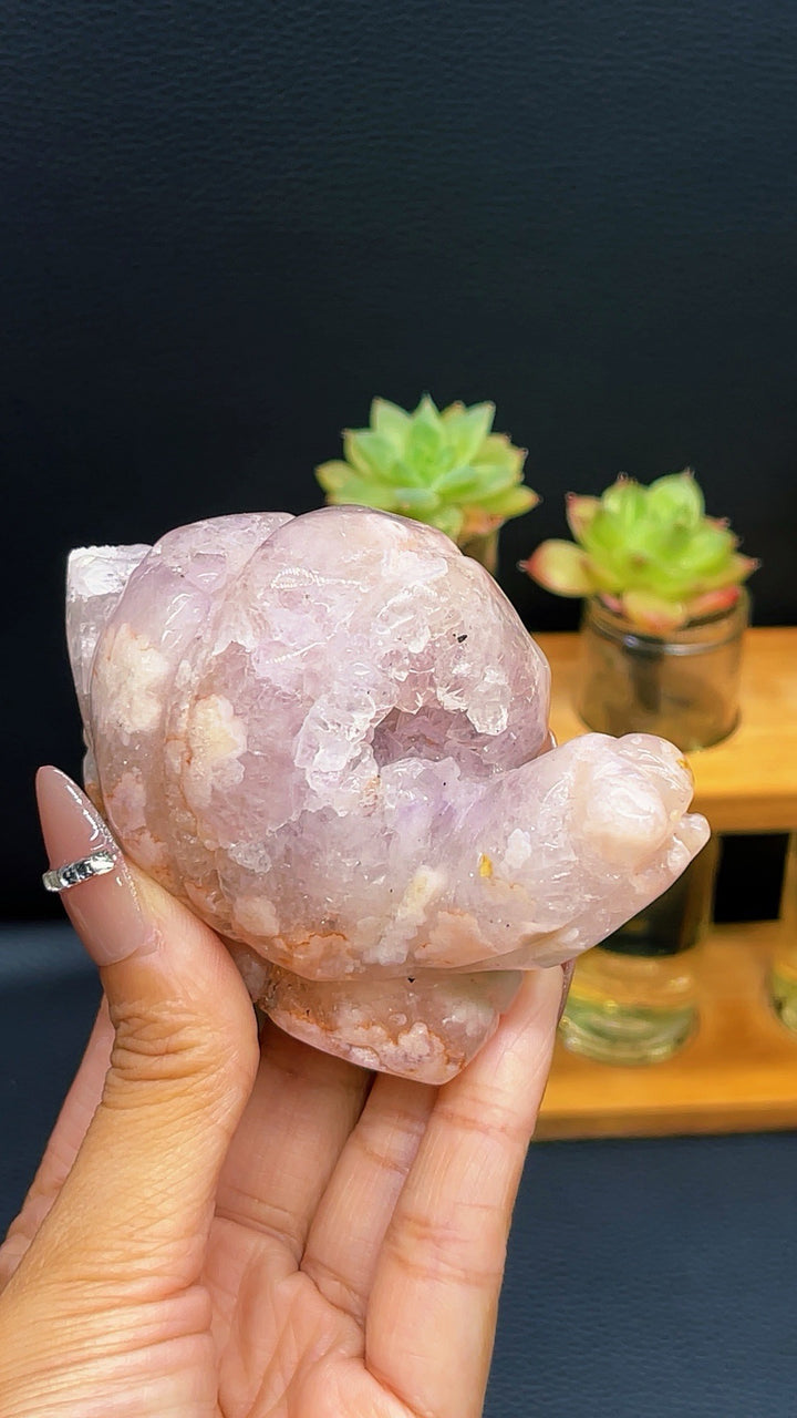 5A 220G Pink amethyst druzy Sakura Flower Agate Carved Crystal Snail carving