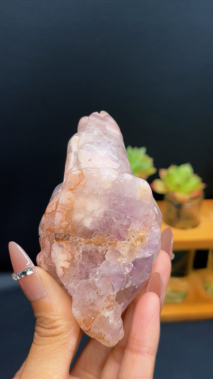 5A 220G Pink amethyst druzy Sakura Flower Agate Carved Crystal Snail carving