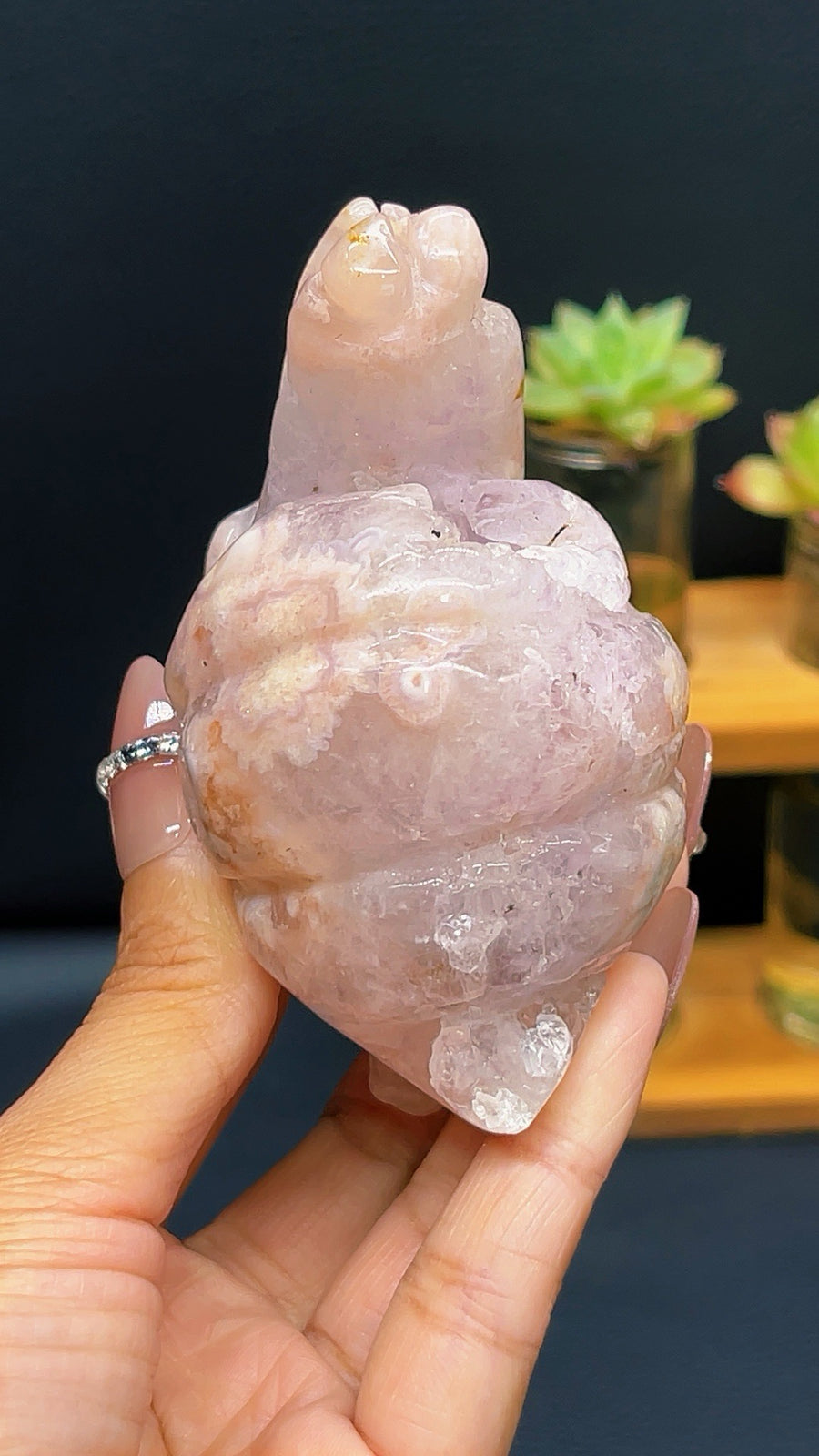 5A 220G Pink amethyst druzy Sakura Flower Agate Carved Crystal Snail carving