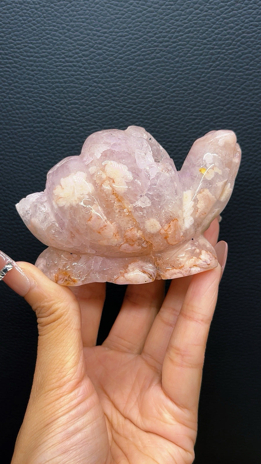 5A 220G Pink amethyst druzy Sakura Flower Agate Carved Crystal Snail carving