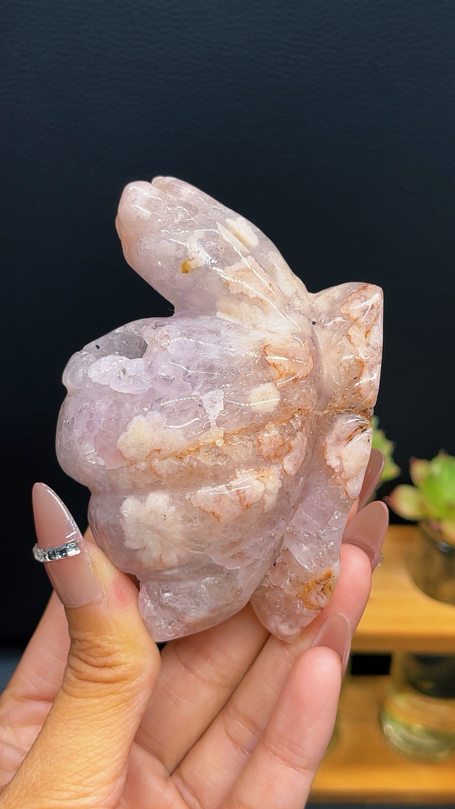 5A 220G Pink amethyst druzy Sakura Flower Agate Carved Crystal Snail carving
