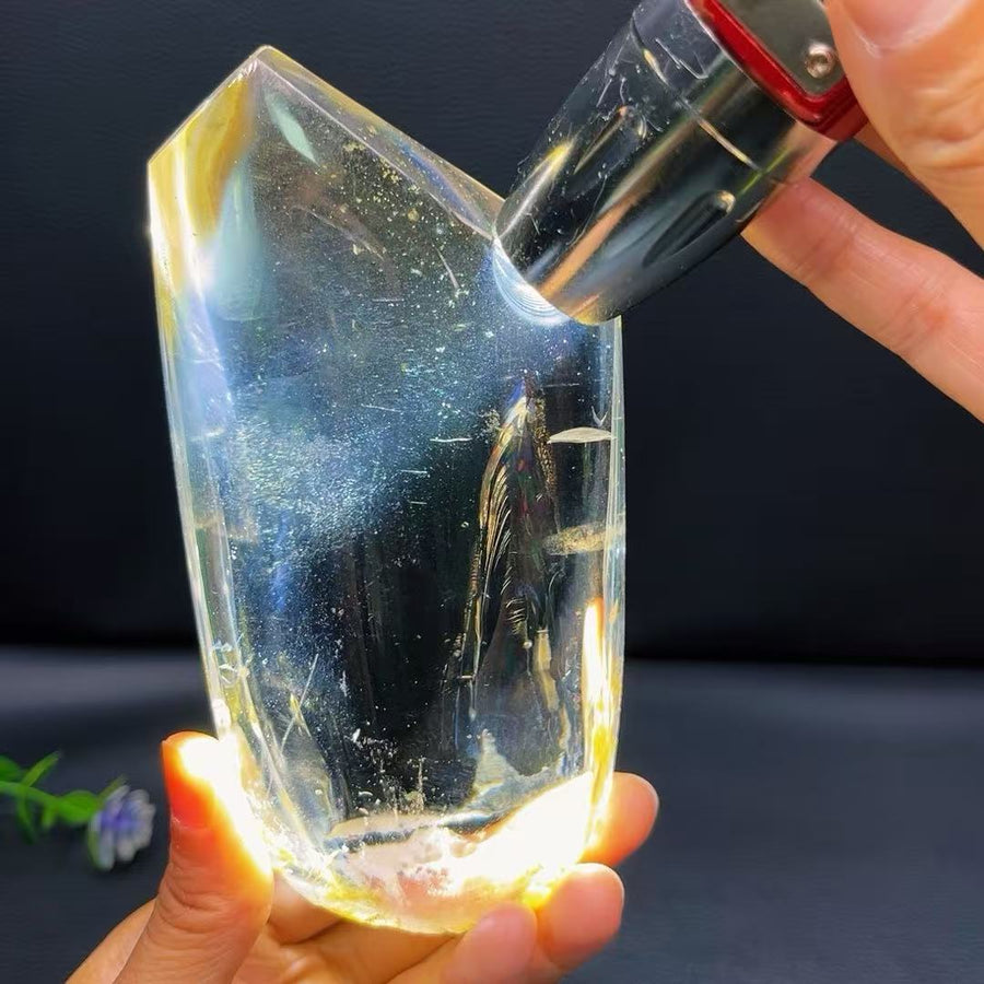 5A 800G   Lrregular Black Rutilated Quartz Ornanment With Rainbow