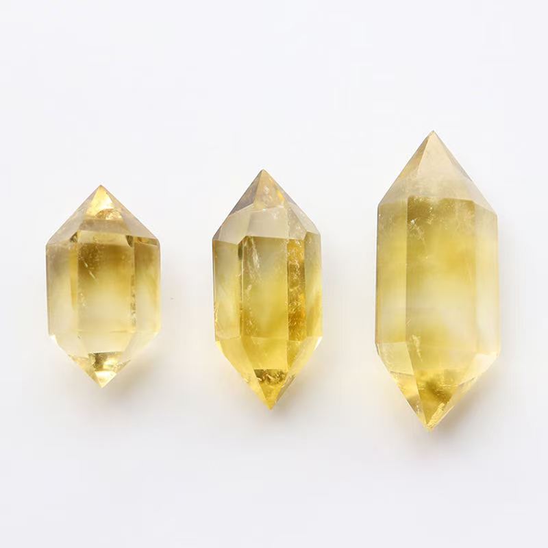 5A Yellow citrine crystal double-pointed tower hexagonal crystal column raw stone polished Hexagonal column business gift crystal. Yellow crystal.