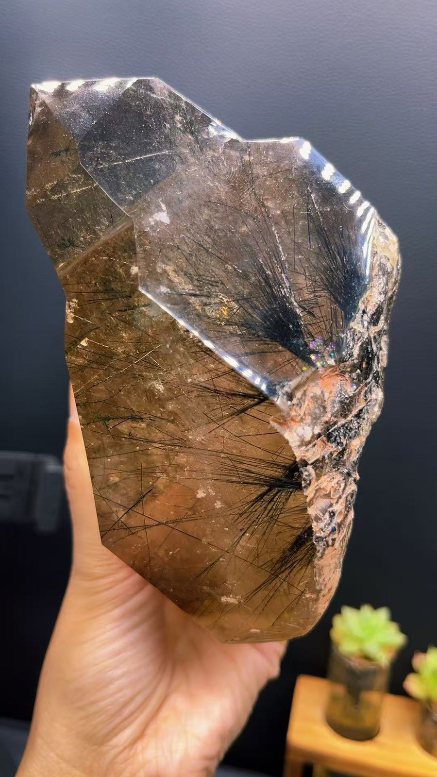 5A 1500G   Natural  Black Tourmaline smoky Quartz Tower Ornament