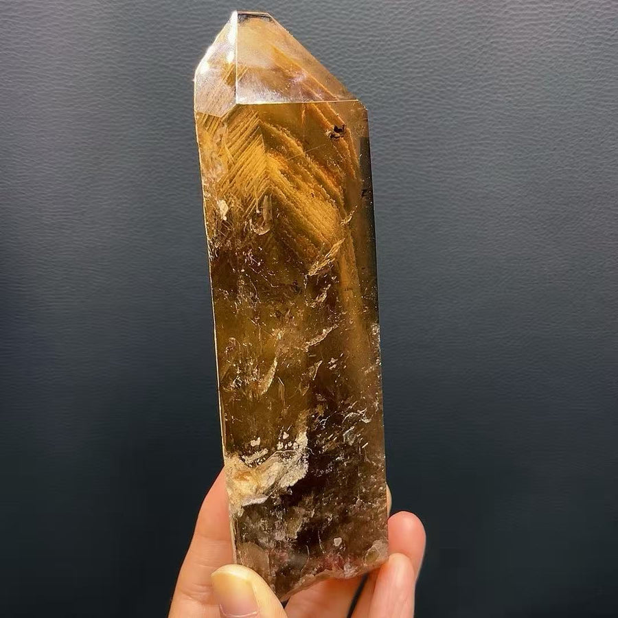 5A 400G  Warm Smoky Quartz Hidden Landscape Crystal Column Decor