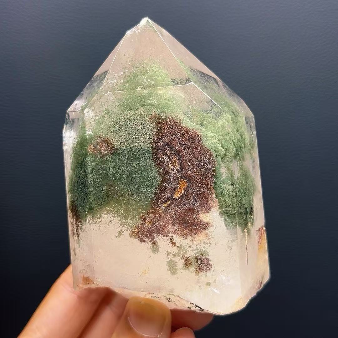 5A500G  Unique Subtle Hidden Mountain Green Quartz Wand Accented with Red Phantom